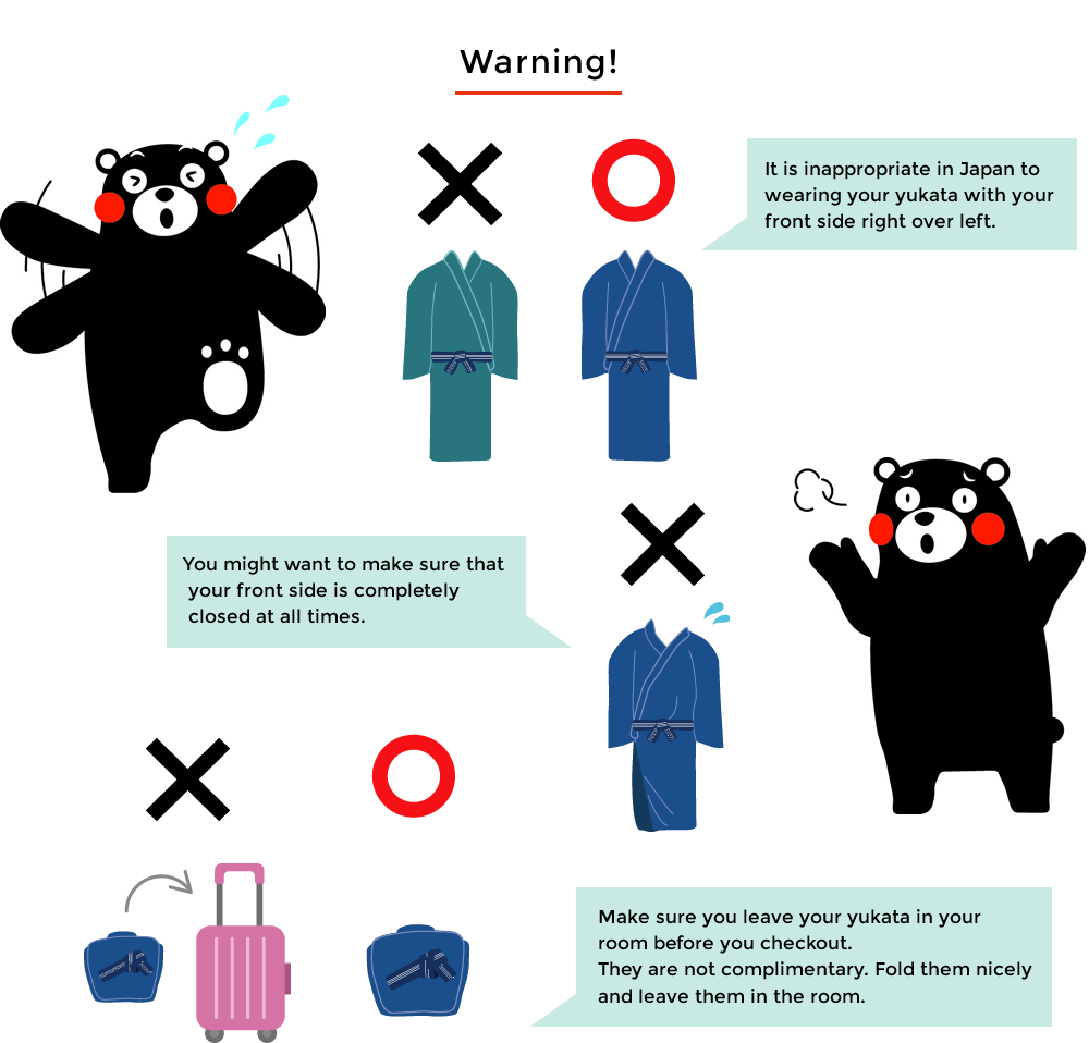 Warning !
It is inapropriate in Japan to wear your yukata with your front side right over left.
You might want to make sure that your front side is completely closed at times.
Make sure you leave your yukata in your room before you checkout. They are not complimentary. Fold them nicely and leave them in the room.